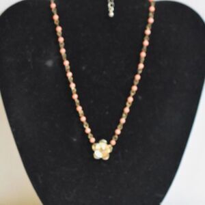 Charming Charlie VTG Style Coral Color Beaded Gold Tone14" Flower Charm Necklace